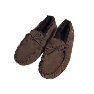 LL Bean Slippers Men Classic Brown Leather Rubber Sole Lamb Shearling SIze 14